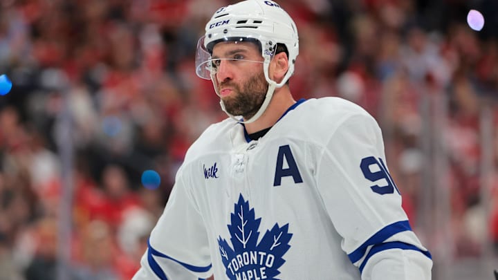 May 16, 2025; Sunrise, Florida, USA; Toronto Maple Leafs center John Tavares (91) looks on against the Florida Panthers during the first period in game six of the second round of the 2025 Stanley Cup Playoffs at Amerant Bank Arena. Mandatory Credit: Sam Navarro-Imagn Images