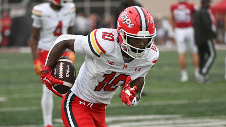 Sep 28, 2024; Bloomington, Indiana, USA;  Maryland Terrapins wide receiver Tai Felton (10) warms up before a game against the Indiana Hoosiers at Memorial Stadium.  