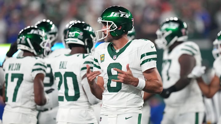 New York Jets quarterback Aaron Rodgers (8) walks onto the field with the offense to face the Buffalo Bills in the home opener at MetLife Stadium on Monday, Sept. 11, 2023, in East Rutherford. New York Jets quarterback Aaron Rodgers (8) walks onto the field with the offense to face the Buffalo Bills in the home opener at MetLife Stadium on Monday, Sept. 11, 2023, in East Rutherford.
