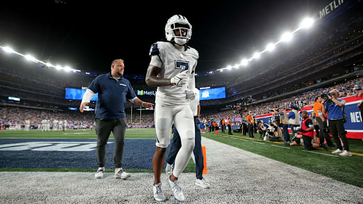 Dallas Cowboys cornerback Trevon Diggs leaves the field after an injury against the New York Giants.