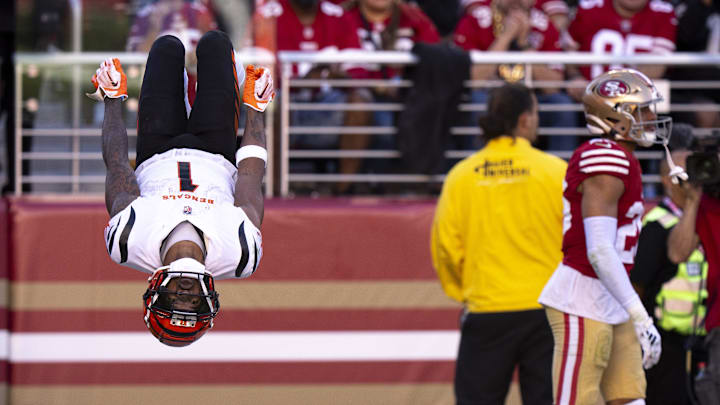Cincinnati Bengals wide receiver Ja'Marr Chase (1) flips after scoring a touchdown in the fourth quarter of the NFL game between the Cincinnati Bengals and the San Francisco 49ers at Levi Stadium in Santa Clara, Calif., on Sunday, Oct 29, 2023.