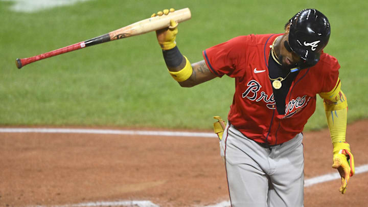 Atlanta Braves right fielder Ronald Acuna Jr. (13) throws his bat before running out a double in the sixth inning against the Cleveland Guardians at Progressive Field.