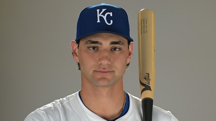 Feb 19, 2025; Surprise, AZ, USA; Kansas City Royals Jac Caglianone (14) poses for a photo during media day. Mandatory Credit: Jayne Kamin-Oncea-Imagn Images  