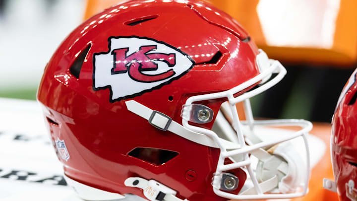 Feb 9, 2025; New Orleans, LA, USA;  Detailed view of a Kansas City Chiefs helmet in Super Bowl LIX at Ceasars Superdome. Mandatory Credit: Mark J. Rebilas-Imagn Images
