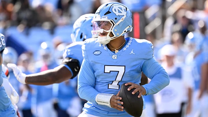 Oct 25, 2025; Chapel Hill, North Carolina, USA; North Carolina Tar Heels quarterback Gio Lopez (7) looks to pass in the first quarter at Kenan Stadium. Mandatory Credit: Bob Donnan-Imagn Images