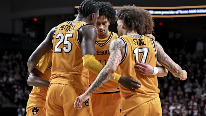 Feb 11, 2026; College Station, Texas, USA; Missouri Tigers guard Trent Pierce (11) and teammates huddle up during the first half against the Texas A&M Aggies at Reed Arena. 