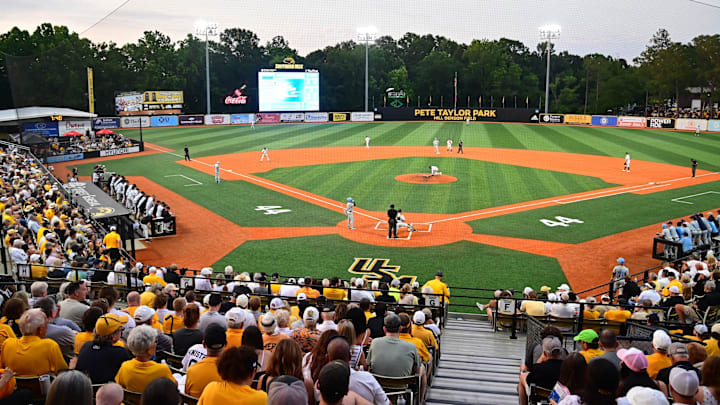 Southern Miss Golden Eagles and the Columbia Lions go head-to-head during a 2025 NCAA Hattiesburg Regional game at Pete Taylor Park in Hattiesburg, Mississippi, on May 30, 2025.