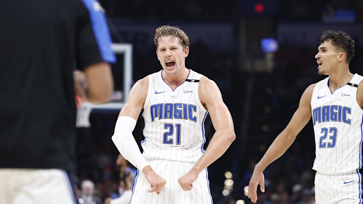 Nov 4, 2024; Oklahoma City, Oklahoma, USA; Orlando Magic center Moritz Wagner (21) reacts after play against the Oklahoma City Thunder during the second quarter at Paycom Center. Mandatory Credit: Alonzo Adams-Imagn Images Nov 4, 2024; Oklahoma City, Oklahoma, USA; Orlando Magic center Moritz Wagner (21) reacts after play against the Oklahoma City Thunder during the second quarter at Paycom Center. Mandatory Credit: Alonzo Adams-Imagn Images