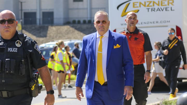 Sep 13, 2025; Morgantown, West Virginia, USA; Pittsburgh Panthers head coach Pat Narduzzi arrives to their game against the West Virginia Mountaineers at Milan Puskar Stadium. Mandatory Credit: Ben Queen-Imagn Images Sep 13, 2025; Morgantown, West Virginia, USA; Pittsburgh Panthers head coach Pat Narduzzi arrives to their game against the West Virginia Mountaineers at Milan Puskar Stadium. Mandatory Credit: Ben Queen-Imagn Images