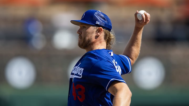 Los Angeles Dodgers pitcher Noah Syndergaard against the Cincinnati Reds during a spring training game at Camelback Ranch-Glendale in February 2023.