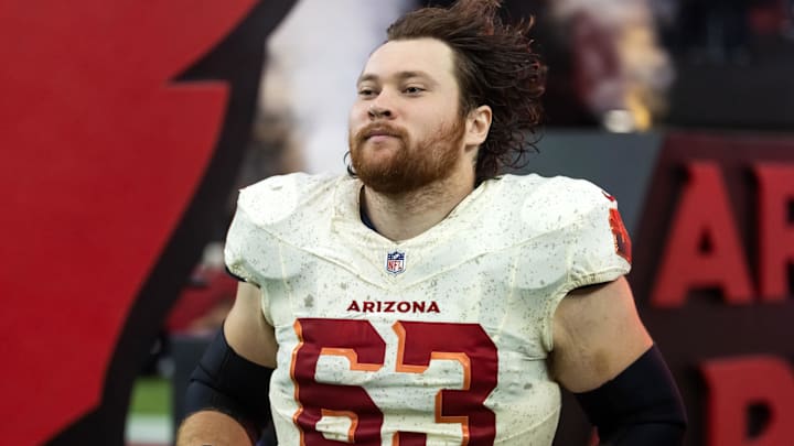 Sep 25, 2025; Glendale, Arizona, USA; Arizona Cardinals offensive lineman Evan Brown (63) against the Seattle Seahawks at State Farm Stadium. Mandatory Credit: Mark J. Rebilas-Imagn Images