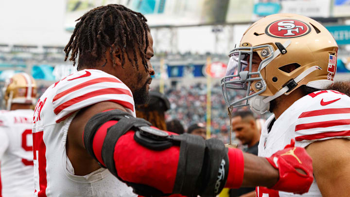 Nov 12, 2023; Jacksonville, Florida, USA; San Francisco 49ers linebacker Dee Greenlaw (57) and safety Talanoa Hufanga (29) before the game against the Jacksonville Jaguars at EverBank Stadium.