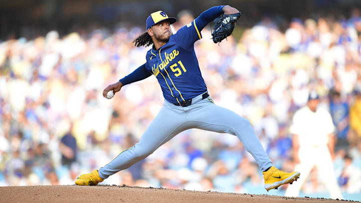 Jul 19, 2025; Los Angeles, California, USA; Milwaukee Brewers starting pitcher Freddy Peralta (51) throws during the first inning against the Los Angeles Dodgers at Dodger Stadium. Mandatory Credit: Gary A. Vasquez-Imagn Images Jul 19, 2025; Los Angeles, California, USA; Milwaukee Brewers starting pitcher Freddy Peralta (51) throws during the first inning against the Los Angeles Dodgers at Dodger Stadium. Mandatory Credit: Gary A. Vasquez-Imagn Images