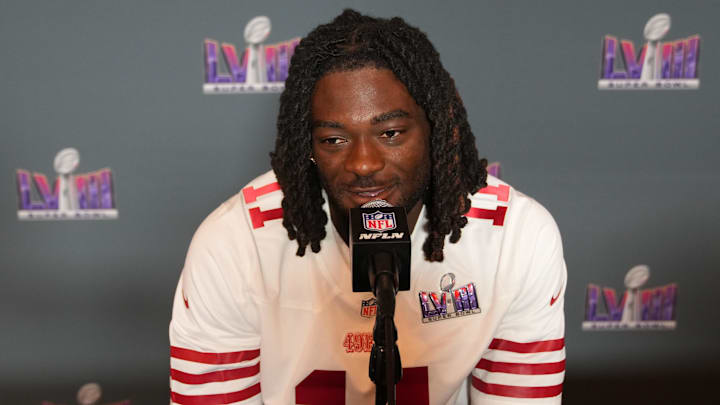 Feb 7, 2024; Las Vegas, NV, USA; San Francisco 49ers wide receiver Brandon Aiyuk (11) during a press conference before Super Bowl LVIII at Hilton Lake Las Vegas Resort and Spa. Mandatory Credit: Kyle Terada-USA TODAY Sports Feb 7, 2024; Las Vegas, NV, USA; San Francisco 49ers wide receiver Brandon Aiyuk (11) during a press conference before Super Bowl LVIII at Hilton Lake Las Vegas Resort and Spa. Mandatory Credit: Kyle Terada-USA TODAY Sports