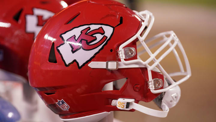Dec 31, 2023; Kansas City, Missouri, USA; A general view of a Kansas City Chiefs helmet after the game against the Cincinnati Bengals at GEHA Field at Arrowhead Stadium. Mandatory Credit: Denny Medley-USA TODAY Sports