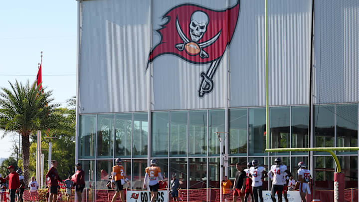 Tampa Bay Buccaneers quarterback Baker Mayfield (6) and quarterback Kyle Trask (2) participate in training camp at AdventHealth Training Center. Mandatory Credit: Nathan Ray Seebeck-USA TODAY Sports