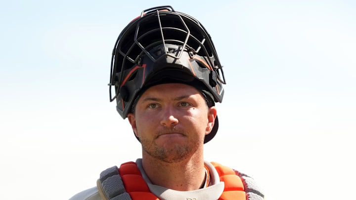 Mar 27, 2026; San Francisco, California, USA; San Francisco Giants catcher Patrick Bailey (14) during the fourth inning against the New York Yankees at Oracle Park. Mandatory Credit: Darren Yamashita-Imagn Images