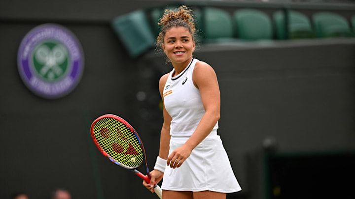Jasmine Paolini smiles during her match at 2024 Wimbledon.