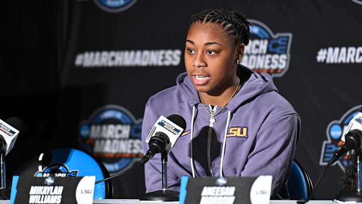 Mar 27, 2025; Spokane, WA, USA; LSU Lady Tigers guard Mikaylah Williams (12) talks with the media during an NCAA Tournament practice session at Spokane Arena. Mandatory Credit: James Snook-Imagn Images Mar 27, 2025; Spokane, WA, USA; LSU Lady Tigers guard Mikaylah Williams (12) talks with the media during an NCAA Tournament practice session at Spokane Arena. Mandatory Credit: James Snook-Imagn Images