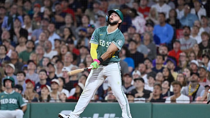 Aug 1, 2025; Boston, Massachusetts, USA; Boston Red Sox right fielder Wilyer Abreu (52) watches the flight of his one-run RBI against the Houston Astros during the seventh inning at Fenway Park. Mandatory Credit: Eric Canha-Imagn Images Aug 1, 2025; Boston, Massachusetts, USA; Boston Red Sox right fielder Wilyer Abreu (52) watches the flight of his one-run RBI against the Houston Astros during the seventh inning at Fenway Park. Mandatory Credit: Eric Canha-Imagn Images