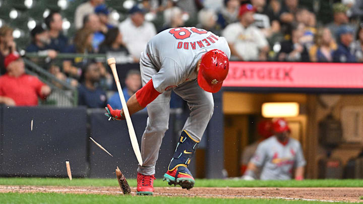 Sep 3, 2024; Milwaukee, Wisconsin, USA; St. Louis Cardinals third base Nolan Arenado (28) smashes his bat after grounding out against the Milwaukee Brewers in the eighth inning at American Family Field. Mandatory Credit: Michael McLoone-Imagn Images