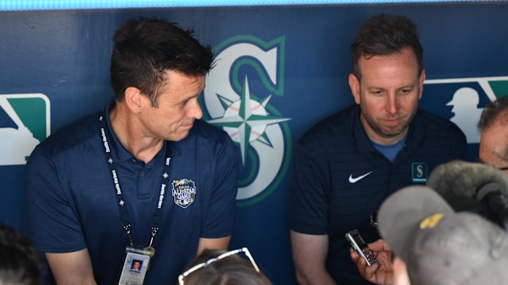 Aug 1, 2023; Seattle, Washington, USA; Seattle Mariners president of baseball operations Jerry Dipoto and general manager Justin Hollander talk to the media prior to the game against the Boston Red Sox at T-Mobile Park. Mandatory Credit: Steven Bisig-USA TODAY Sports