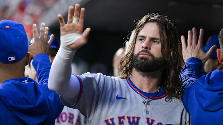 May 2, 2025; St. Louis, Missouri, USA;  New York Mets designated hitter Jesse Winker (3) is congratulated by teammates after scoring against the St. Louis Cardinals during the second inning at Busch Stadium. Mandatory Credit: Jeff Curry-Imagn Images
