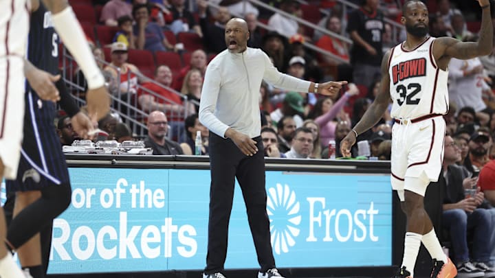Orlando Magic head coach Jamahl Mosley reacts during the third quarter against the Houston Rockets at Toyota Center.