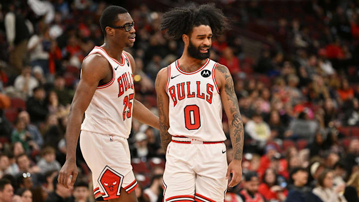 Jan 18, 2026; Chicago, Illinois, USA; Chicago Bulls guard Coby White (0) celebrates with forward Jalen Smith (25) against the Brooklyn Nets during the first half at United Center. Mandatory Credit: Patrick Gorski-Imagn Images