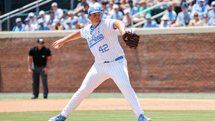 Jun 8, 2025; Chapel Hill, NC, USA; North Carolina pitcher Jake Knapp (42) pitches the ball during the seventh inning of the Super Regionals game against Arizona in Chapel Hill, North Carolina. Mandatory Credit: Jaylynn Nash-Imagn Images