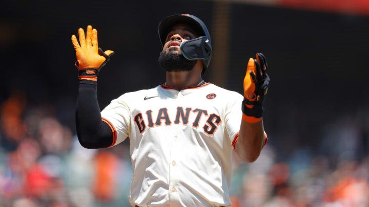 Jul 11, 2024; San Francisco, California, USA; San Francisco Giants outfielder Heliot Ramos (17) celebrates after hitting a two run home run during the first inning against the Toronto Blue Jays at Oracle Park. 