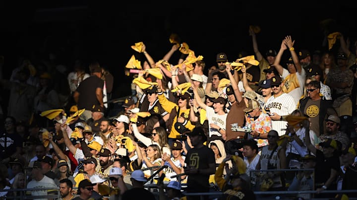 Oct 2, 2024; San Diego, California, USA; San Diego Padres fans before game two in the Wildcard round for the 2024 MLB Playoffs between the Padres and Atlanta Braves at Petco Park. Mandatory Credit: Denis Poroy-Imagn Images