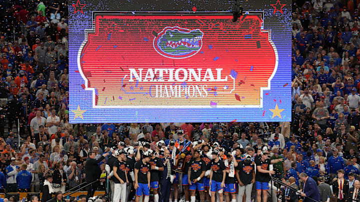 Apr 7, 2025; San Antonio, TX, USA; The Florida Gators celebrate after winning the national championship game of the Final Four of the 2025 NCAA Tournament at the Alamodome. Mandatory Credit: Scott Wachter-Imagn Images