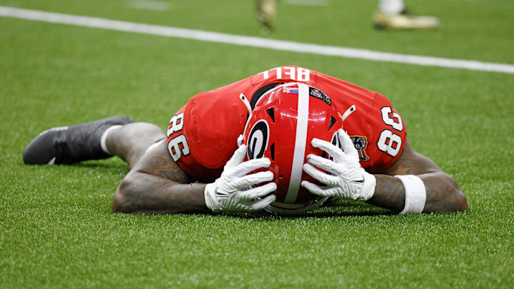 Jan 2, 2025; New Orleans, LA, USA; Georgia Bulldogs wide receiver Dillon Bell (86) reacts after missing a pass during the second half against the Notre Dame Fighting Irish at Caesars Superdome. Mandatory Credit: Amber Searls-Imagn Images