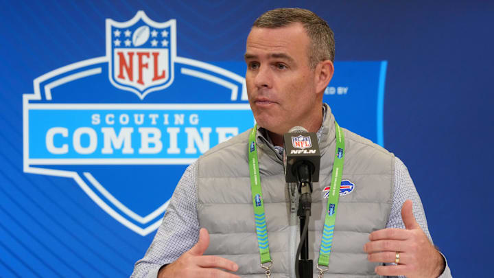 Feb 25, 2025; Indianapolis, IN, USA; Buffalo Bills general manager Brandon Beane speaks during the NFL Scouting Combine at the Indiana Convention Center. Mandatory Credit: Kirby Lee-Imagn Images