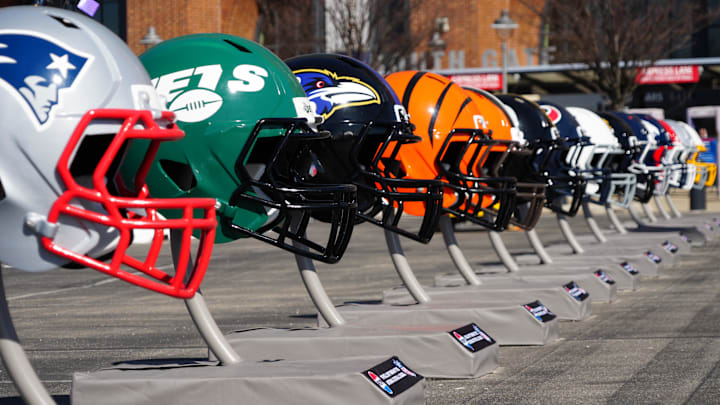 Feb 28, 2024; Indianapolis, IN, USA; A general view of large helmets of the New York Jets, Baltimore Ravens and Cincinnati Bengals at the NFL Scouting Combine Experience at Lucas Oil Stadium. Mandatory Credit: Kirby Lee-Imagn Images Feb 28, 2024; Indianapolis, IN, USA; A general view of large helmets of the New York Jets, Baltimore Ravens and Cincinnati Bengals at the NFL Scouting Combine Experience at Lucas Oil Stadium. Mandatory Credit: Kirby Lee-Imagn Images