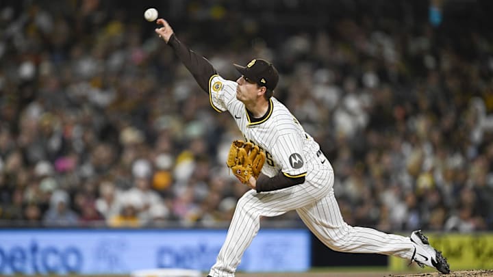 Apr 26, 2025; San Diego, California, USA; San Diego Padres starting pitcher Ryan Bergert (38) delivers during the eighth inning against the Tampa Bay Rays at Petco Park. Mandatory Credit: Denis Poroy-Imagn Images Apr 26, 2025; San Diego, California, USA; San Diego Padres starting pitcher Ryan Bergert (38) delivers during the eighth inning against the Tampa Bay Rays at Petco Park. Mandatory Credit: Denis Poroy-Imagn Images