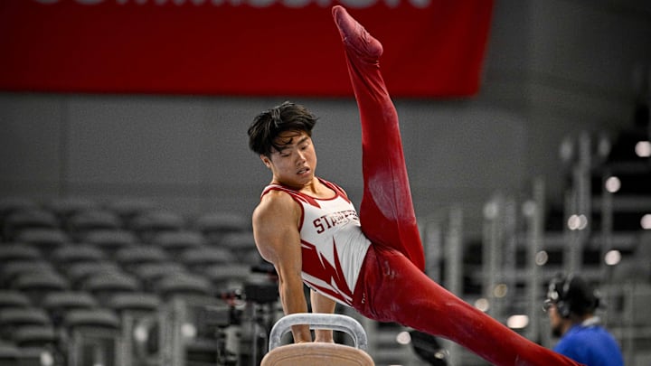 May 30, 2024; Fort Worth, Texas, USA; Asher Hong of Stanford University performs on the pommel horse during day one of the men’s 2024 Xfinity U.S. Gymnastics Championships at Dickies Arena. Mandatory Credit: Jerome Miron-Imagn Images May 30, 2024; Fort Worth, Texas, USA; Asher Hong of Stanford University performs on the pommel horse during day one of the men’s 2024 Xfinity U.S. Gymnastics Championships at Dickies Arena. Mandatory Credit: Jerome Miron-Imagn Images