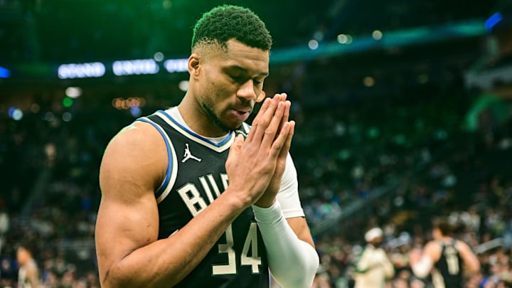 Apr 10, 2025; Milwaukee, Wisconsin, USA; Milwaukee Bucks forward Giannis Antetokounmpo (34) gets ready to play the New Orleans Pelicans at Fiserv Forum. Mandatory Credit: Benny Sieu-Imagn Images