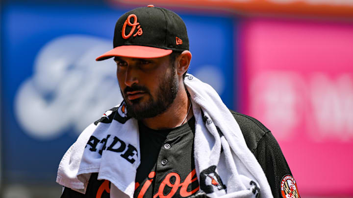 Jun 21, 2025; Bronx, New York, USA; Baltimore Orioles pitcher Zach Eflin (24) heads to the dugout from the bullpen before the game against the New York Yankees at Yankee Stadium