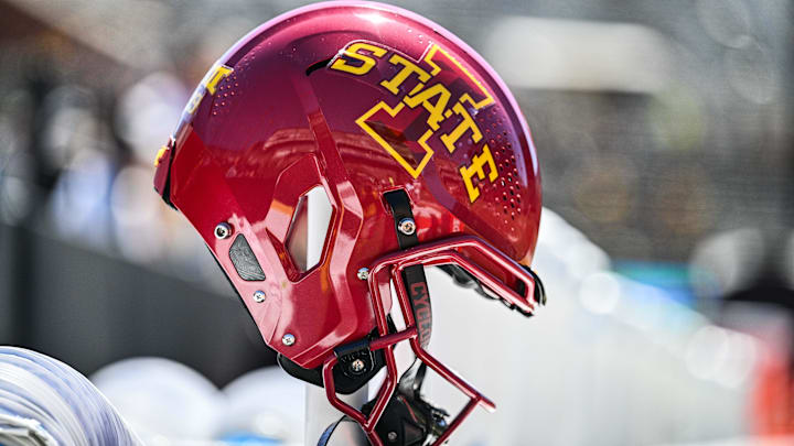 Sep 7, 2024; Iowa City, Iowa, USA; An Iowa State Cyclones helmet sits on the sidelines before the game against the Iowa Hawkeyes at Kinnick Stadium.