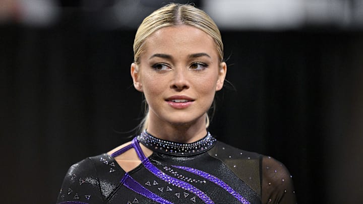 Apr 17, 2025; Fort Worth, TX, USA; LSU Tigers gymnast Olivia Dunne looks on during the 2025 Women's National Gymnastics Semifinal at Dickies Arena. Mandatory Credit: Jerome Miron-Imagn Images Apr 17, 2025; Fort Worth, TX, USA; LSU Tigers gymnast Olivia Dunne looks on during the 2025 Women's National Gymnastics Semifinal at Dickies Arena. Mandatory Credit: Jerome Miron-Imagn Images