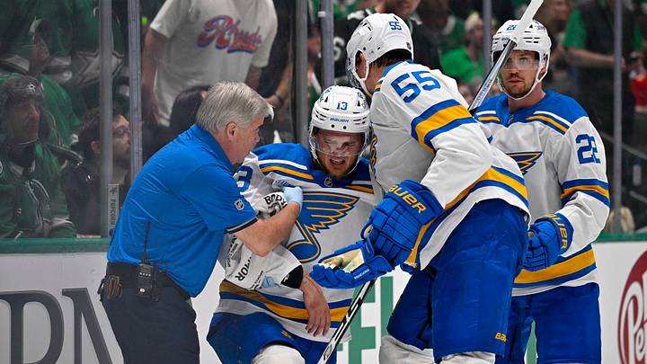 Oct 2, 2026; Dallas, Texas, USA; St. Louis Blues right wing Alexey Toropchenko (13) is helped off the ice during the second period against the Dallas Stars at the American Airlines Center. Mandatory Credit: Jerome Miron-Imagn Images Oct 2, 2026; Dallas, Texas, USA; St. Louis Blues right wing Alexey Toropchenko (13) is helped off the ice during the second period against the Dallas Stars at the American Airlines Center. Mandatory Credit: Jerome Miron-Imagn Images