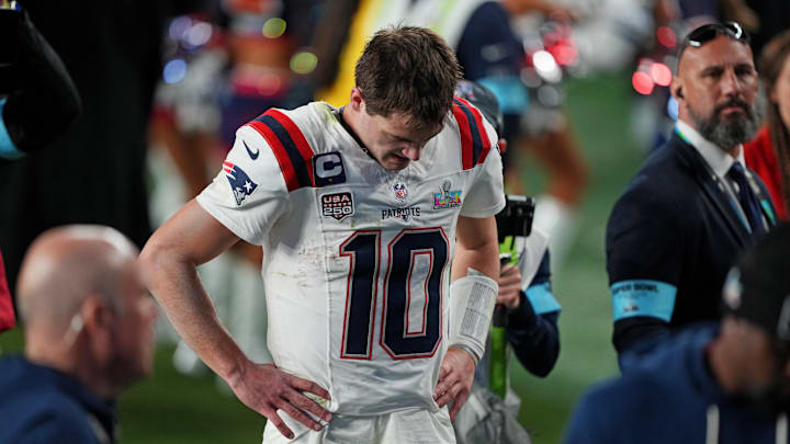 Feb 8, 2026; Santa Clara, CA, USA; New England Patriots quarterback Drake Maye (10) exits the field after the loss against the Seattle Seahawks in Super Bowl LX at Levi's Stadium. Mandatory Credit: Darren Yamashita-Imagn Images