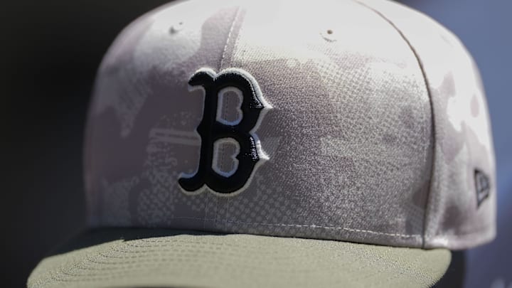 May 26, 2025; Milwaukee, Wisconsin, USA;  General view of a Boston Red Sox hat during warmups prior the game against the Milwaukee Brewers at American Family Field. Mandatory Credit: Jeff Hanisch-Imagn Images