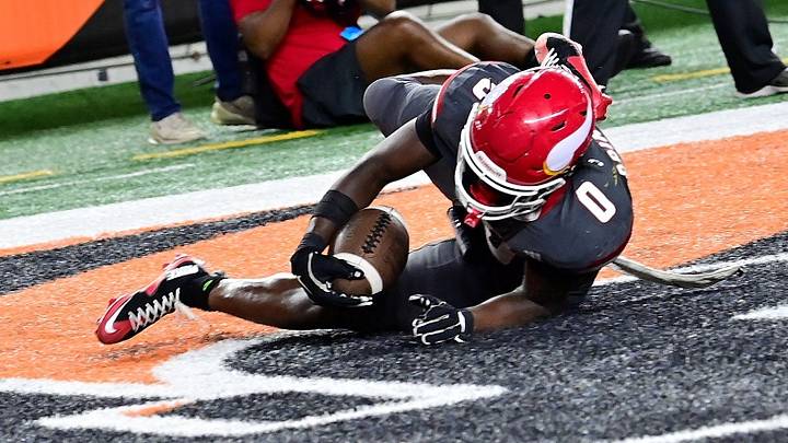 Jordan Hall lands in the end zone for a Princeton touchdown to give the Vikings a second-half lead they would never relinquish during the OHSAA Division I football game between Princeton and Moeller on Aug. 20, 2026, at Paycor Stadium.