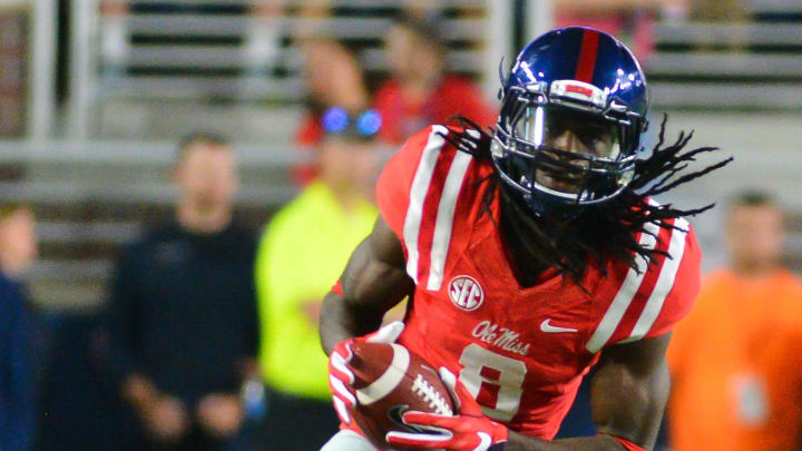 Oct 1, 2016; Oxford, MS, USA;  Mississippi Rebels wide receiver Quincy Adeboyejo (8) runs the ball during the second quarter of the game against the Memphis Tigers at Vaught-Hemingway Stadium. Mississippi won 48-28. Mandatory Credit: Matt Bush-USA TODAY Sports