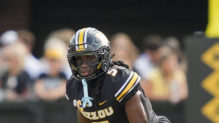 Sep 6, 2025; Columbia, Missouri, USA; Missouri Tigers linebacker Khalil Jacobs (5) gets ready for kickoff during the second half against the Kansas Jayhawks at Faurot Field at Memorial Stadium. Mandatory Credit: Jay Biggerstaff-Imagn Images