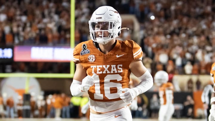Dec 21, 2024; Austin, Texas, USA; Texas Longhorns defensive back Michael Taaffe (16) against the Clemson Tigers during the CFP National playoff first round at Darrell K Royal-Texas Memorial Stadium. Mandatory Credit: Mark J. Rebilas-Imagn Images