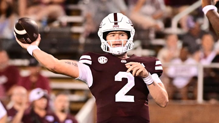 Aug 31, 2024; Starkville, Mississippi, USA; Mississippi State Bulldogs quarterback Blake Shapen (2) makes a pass against the Eastern Kentucky Colonels during the third quarter at Davis Wade Stadium at Scott Field. Mandatory Credit: Matt Bush-Imagn Images